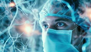 ai genererad närbild av en manlig kirurg bär kirurgisk keps och mask, med en dubbel- exponering neuralt nätverk grafisk. generativ ai. foto