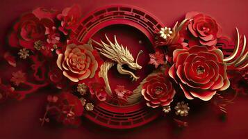 ai genererad Lycklig kinesisk ny år de drake zodiaken tecken med blomma, lykta, asiatisk element guld papper skära stil. foto