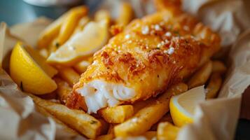 stänga upp av fisk och pommes frites med franska pommes frites. snabb mat begrepp. foto
