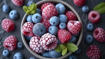 ai genererad frysta bär medley jordgubbar, blåbär, frysta bär bakgrund. foto