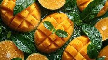 ai genererad en färsk bakgrund med nedskärningar av vibrerande mango, en kreativ layout till markera de fruktens mjukhet och smak. foto