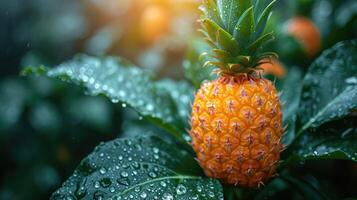 ai genererad tropisk ananas paradis - en bakgrund visa upp en tropisk paradis med en ananas, fångande de exotisk och vibrerande väsen av de frukt våt med vatten liten droppe. foto