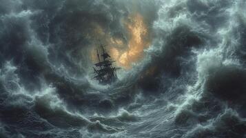ai genererad en tornado storm på hav med en fartyg bobbande mitt i enorm vågor. foto