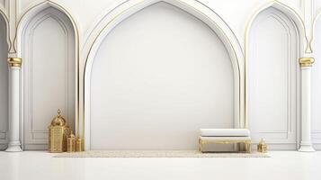 ai genererad ramadan bakgrund Allt vit, guld accenter. minimalism 3d tolkning foto