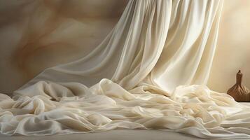 ai genererad rörig vit silke tyg bakgrund med dramatisk belysning. foto