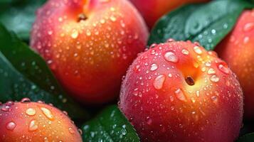 ai genererad färsk persikor med vatten droppar bakgrund. foto