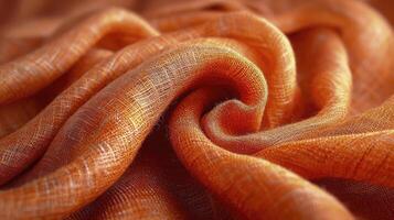 ai genererad spiral orange silke tyg bakgrund. de röd trasa textur är mycket realistisk och detaljerad. foto