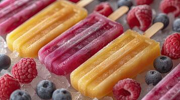 ai genererad färsk frukt popsicles på en vit tabell. frukt popsicles, kiwi, jordgubbe, orange. ljuv öken- bakgrund. foto