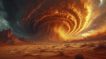 ai genererad en sand tornado under en massa av linsformig moln den där form en linsformig bildning i de öken- himmel. foto