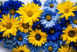 ai genererad närbild av blå, gul och vit krysantemum blommor i de bakgrund foto