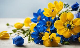 bukett av blå och gul blommor på en ljus bakgrund foto