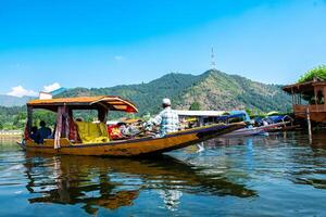 dal sjö och de skön berg räckvidd i de bakgrund, i de sommar båt resa, av stad srinagar kashmir Indien. foto