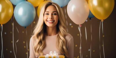 ai genererad Lycklig caucasian födelsedag man innehav med gåva låda, ballonger i de bakgrund. ai genererad foto