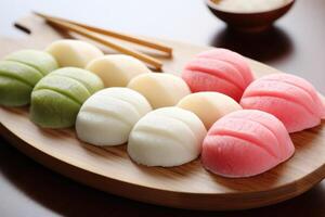 ai genererad mochi på japansk trä- tallrik. ai genererad foto