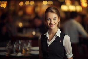 ai genererad porträtt av en servitör i en restaurang, bokeh bakgrund foto