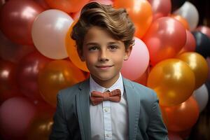 ai genererad porträtt av en söt liten pojke i en kostym och rosett slips Framställ på en bakgrund av färgrik ballonger foto