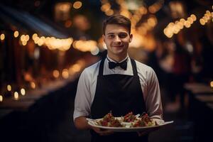 ai genererad porträtt av en servitör tjänande en maträtt i en restaurang, bokeh bakgrund foto