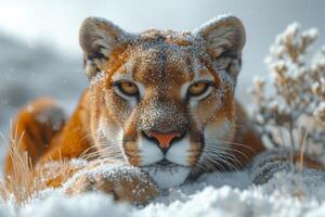 ai genererad berg lejon i vinter- snö foto