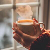 ai genererad närbild av kvinnas hand innehav en kopp av varm espresso kaffe med rök stående förbi de fönster på Hem. kvinna fyllning råna med varm färsk kaffe i en morgon. stänga upp skott foto