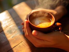 ai genererad närbild av kvinnas hand innehav en varm kaffe råna med rök på de bakgrund av en trä- tabell. kvinna fyllning råna med varm färsk kaffe i en morgon. stänga upp skott foto