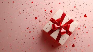 ai genererad överraskning Semester gåva låda med röd band på en festlig bakgrund, perfekt för jul, hjärtans dag, födelsedagar, årsdagar, och Övrig glad fester foto