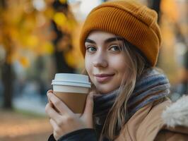 ai genererad porträtt av attraktiv ung kvinna leende och dricka hämtmat kaffe medan gående i höst parkera. foto