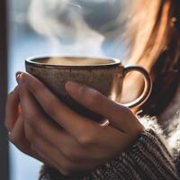 ai genererad närbild av kvinnas hand innehav en kopp av varm espresso kaffe med rök stående förbi de fönster på Hem. kvinna fyllning råna med varm färsk kaffe i en morgon. stänga upp skott foto