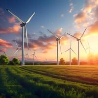 ai genererad vind turbiner på kulle och grön fält, skön soluppgång bakgrund i vind odla. rena energi eller miljömässigt hållbar energi. foto