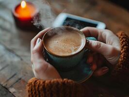 ai genererad ung kvinna tar en ha sönder dricka varm kaffe med rök efter studerar eller arbetssätt på en trä- tabell. selektiv fokus på kopp foto