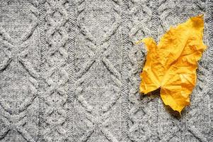 höstens gula och röda lönnlöv på bakgrunden av grå mysig stickad tröja