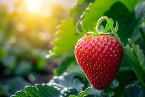 ai genererad jordgubb frukt växande i de fält. färsk jordgubbar i de fält. foto