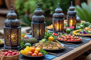 ai genererad serverar olika måltid till iftar ramadan reklam mat fotografi foto