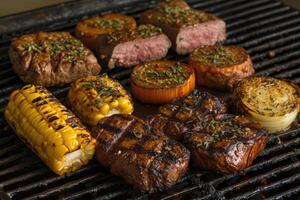 ai genererad utsökt grillad kött med grönsaker professionell reklam mat fotografi foto