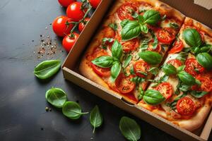 ai genererad hämtmat eller leverans pizza låda professionell reklam mat fotografi foto
