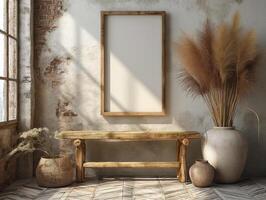 ai genererad boho-stil levande rum med en vägg konst ram och en stol foto