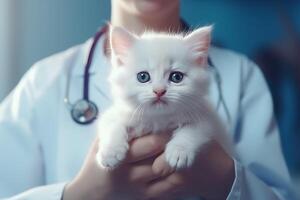 ai genererad liten fluffig kattunge i händer av veterinär läkare i medicinsk vit täcka med en stetoskop. veterinär klinik baner. foto
