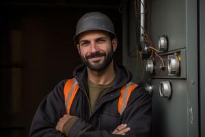 ai genererad elektrisk ingenjör stående i främre av elektrisk låda foto