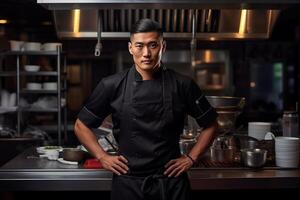 ai genererad porträtt av asiatisk kock i en svart jacka i de kök i en restaurang foto