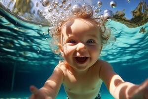 ai genererad söt liten bebis simning under vattnet i de slå samman, leende på de kamera. under vattnet unge porträtt i rörelse. foto