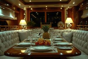 ai genererad dining tabell i de Yacht design professionell reklam fotografi foto