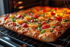 ai genererad se inuti de ugn bricka bakning pizza professionell reklam mat fotografi foto