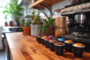 ai genererad kaffe skida på kök disken professionell reklam mat fotografi foto