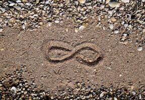 de tecken av oändlighet på de hav. kust sand på de strand. de symbol av oändlighet foto