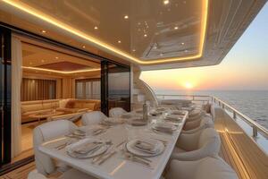 ai genererad dining tabell på de övre däck fint Yacht professionell reklam mat fotografi foto