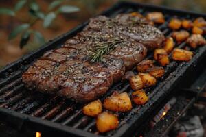 ai genererad utsökt grillad kött med grönsaker professionell reklam mat fotografi foto