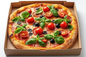 ai genererad hämtmat eller leverans pizza låda professionell reklam mat fotografi foto