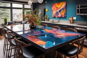 ai genererad modern kök med bänkskivor färgrik och lekfull mönster interiör designer professionell reklam fotografi foto