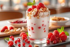 ai genererad frukost superfood friska yoghurt professionell reklam mat fotografi foto
