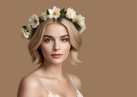 ai genererad närbild porträtt av en ung blond flicka med kort hår och en blomma krans på henne huvud. på en enkel bakgrund med Plats för text. foto