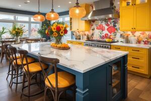 ai genererad modern kök med bänkskivor färgrik och lekfull mönster interiör designer professionell reklam fotografi foto